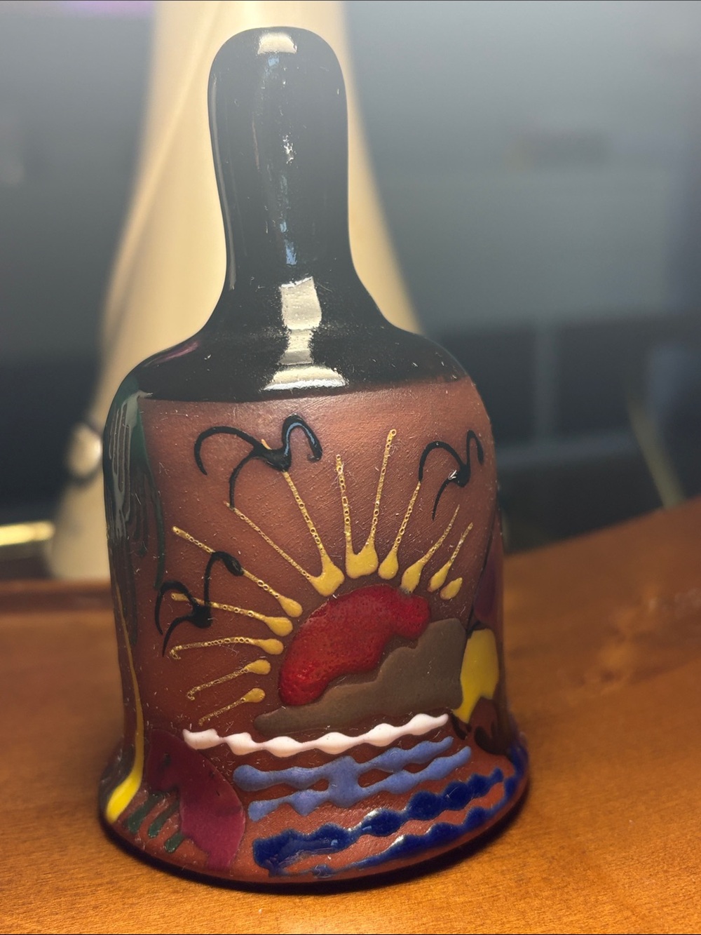 Hand-Painted Sunset Bell/sail boat. Clay/ceramic Dominican Republic.